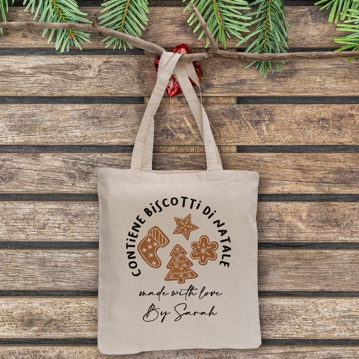 Contiene biscotti di Natale - Shopper In Cotone - personalizzata con nome