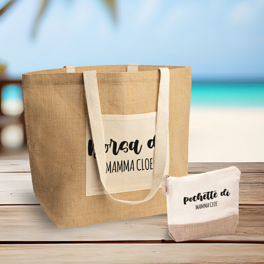 Borsa e Pochette di mamma - Set Combo Borsa mare e Pochette in Juta laminata - personalizzato con nome