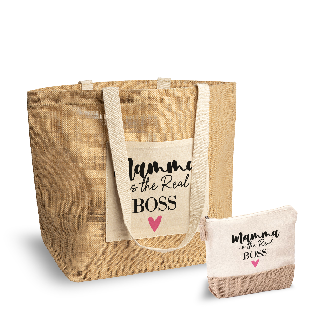 Mamma is the real boss - Set Combo Borsa mare e Pochette in Juta laminata