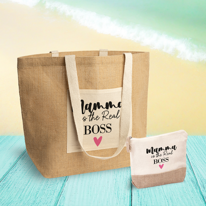 Mamma is the real boss - Set Combo Borsa mare e Pochette in Juta laminata