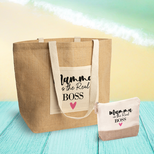 Mamma is the real boss - Set Combo Borsa mare e Pochette in Juta laminata