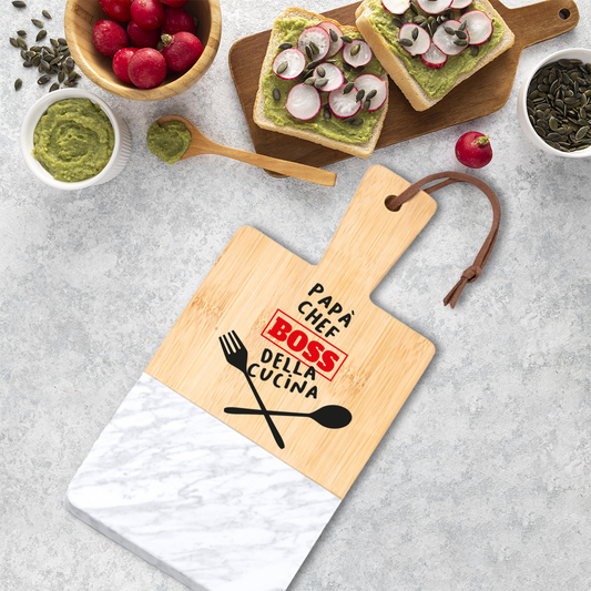 Papà boss della cucina - Tagliere in marmo e bamboo naturale