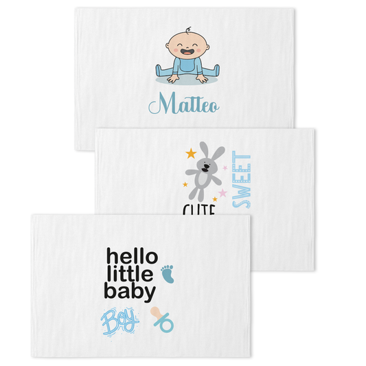Baby Blue Boy - Set 3 pezzi mussole personalizzate con nome