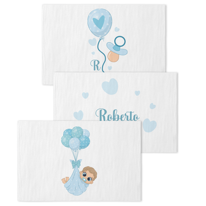 Blue Balloon - Set 3 pezzi mussole personalizzate con nome