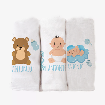 Baby Dreams - Set 3 pezzi mussole personalizzate con nome