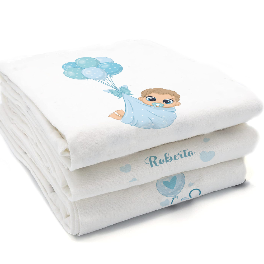 Blue Balloon - Set 3 pezzi mussole personalizzate con nome