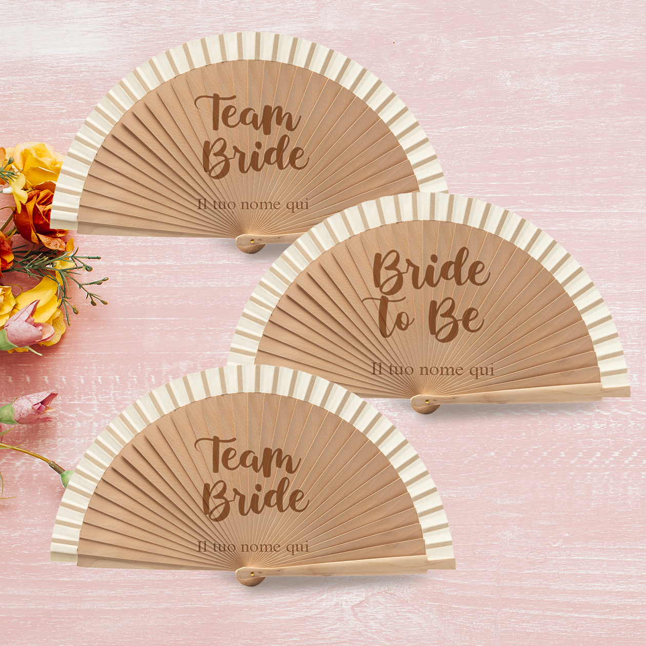 Bride and team - Set da 3 Ventagli in legno - personalizzati con nomi
