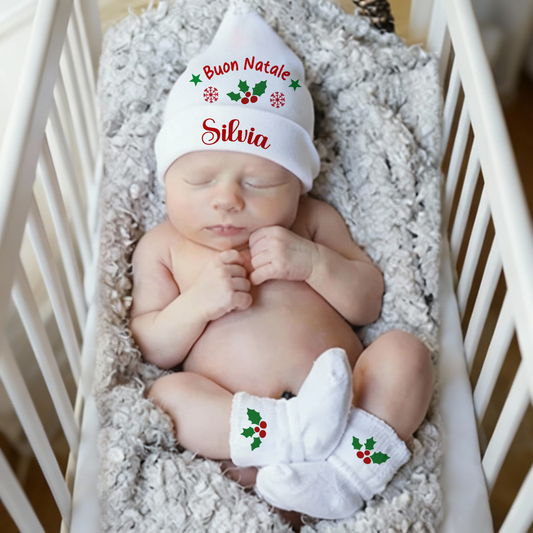 Buon Natale - Set Nascita Cappellino + Calzini - personalizzato con nome