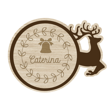 Campana e renna - Set 3 pezzi Sottobicchiere in Legno - personalizzato con nome