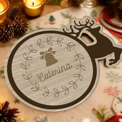 Campana e renna - Set 3 pezzi Sottobicchiere in Legno - personalizzato con nome