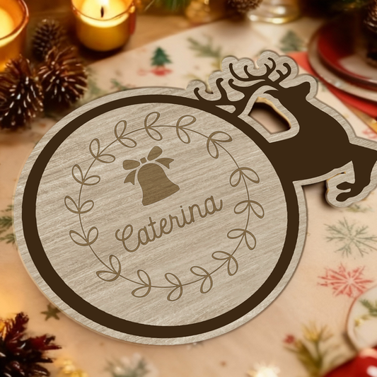 Campana e renna - Set 3 pezzi Sottobicchiere in Legno - personalizzato con nome