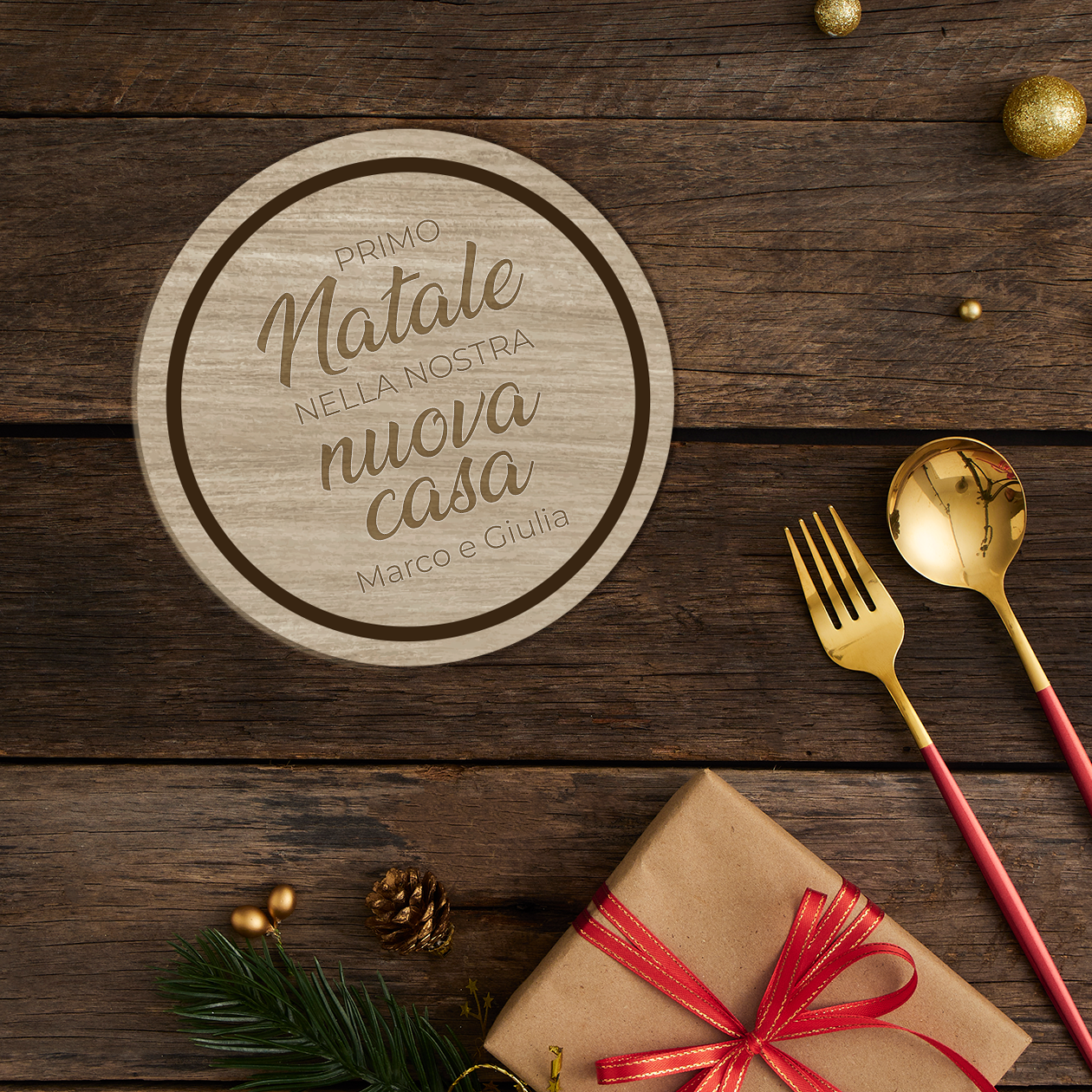 Primo Natale nella nostra nuova casa - Set 3 pezzi Sottobicchiere in Legno - personalizzato con nomi