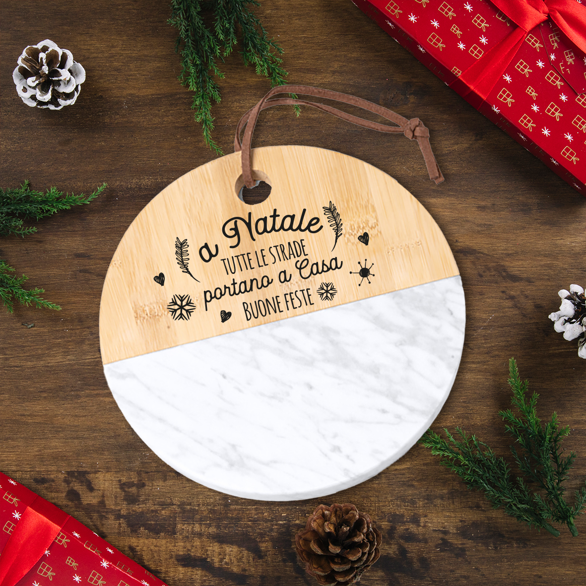 Buone Feste - Tagliere in marmo e bamboo naturale
