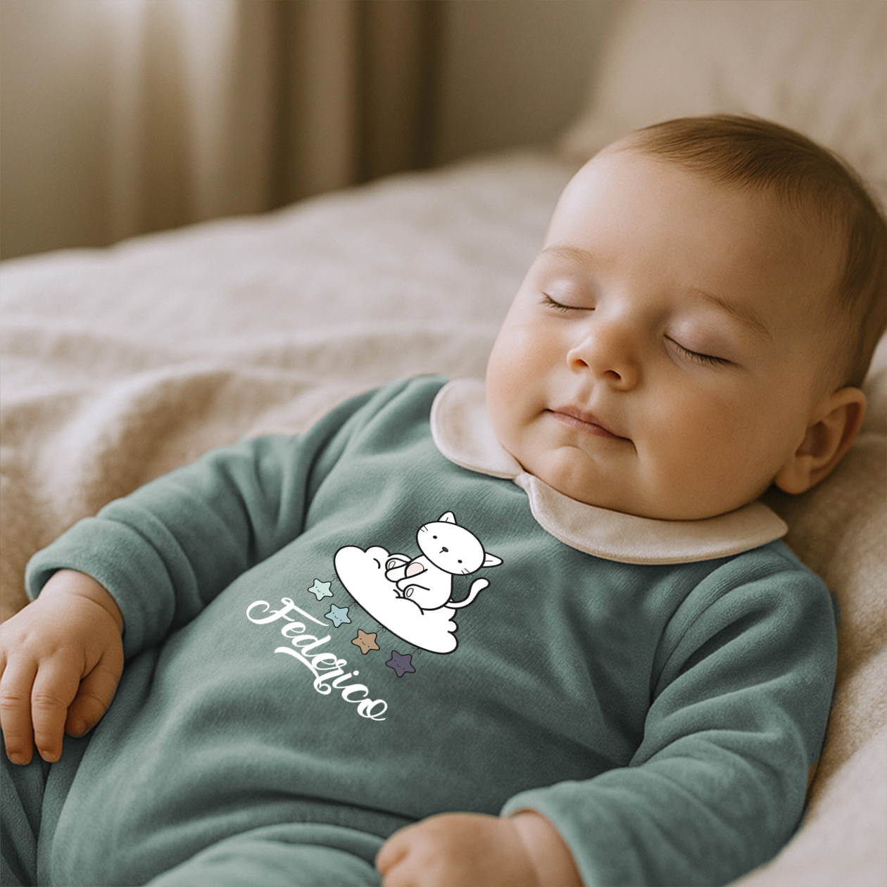 Cat Stars - Pagliaccetto Neonato in Ciniglia con Colletto Bianco Personalizzato con nome
