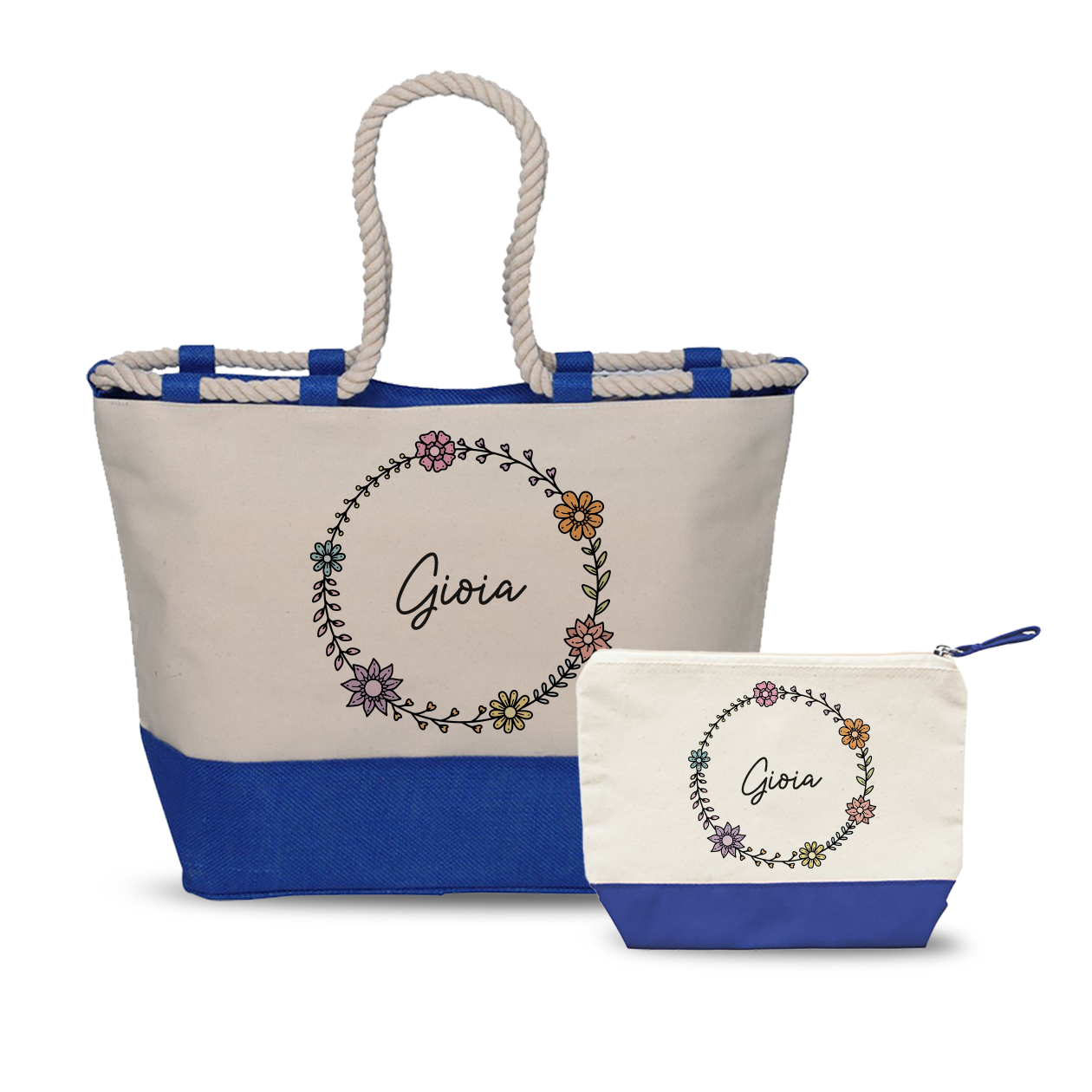 Name flower circle - Combo: Borsa mare + Pochette - personalizzata con nome