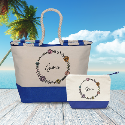 Name flower circle - Combo: Borsa mare + Pochette - personalizzata con nome