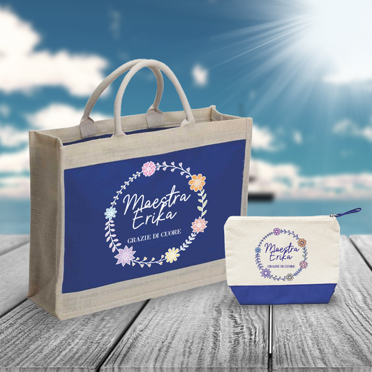 Maestra grazie di cuore - Combo: Borsa mare + Pochette - personalizzata con nome
