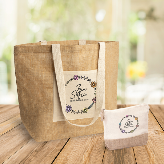Zia la più bella di tutte - Set Combo Borsa mare e Pochette in Juta laminata - personalizzato con nome