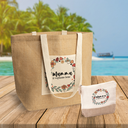 Mamma ti vogliamo bene - Set Combo Borsa mare e Pochette in Juta laminata