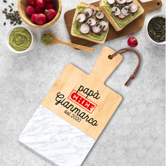 Papà chef - Tagliere in marmo e bamboo naturale - personalizzato con nome e data