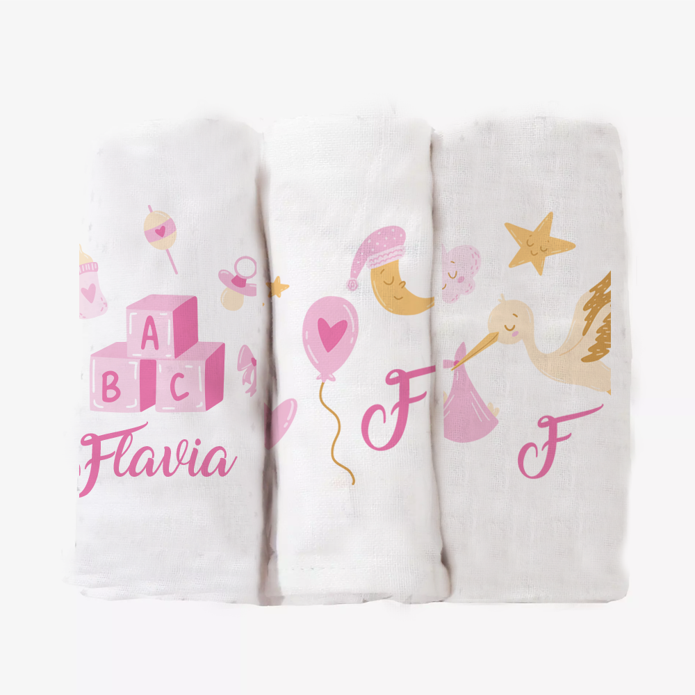 Pink Night - Set 3 pezzi mussole personalizzate con nome