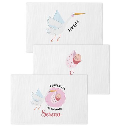 Benvenuta al mondo - Set 3 pezzi mussole personalizzate con nome