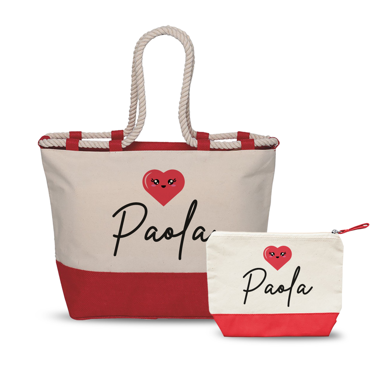Name heart red - Combo: Borsa mare + Pochette - personalizzata con nome