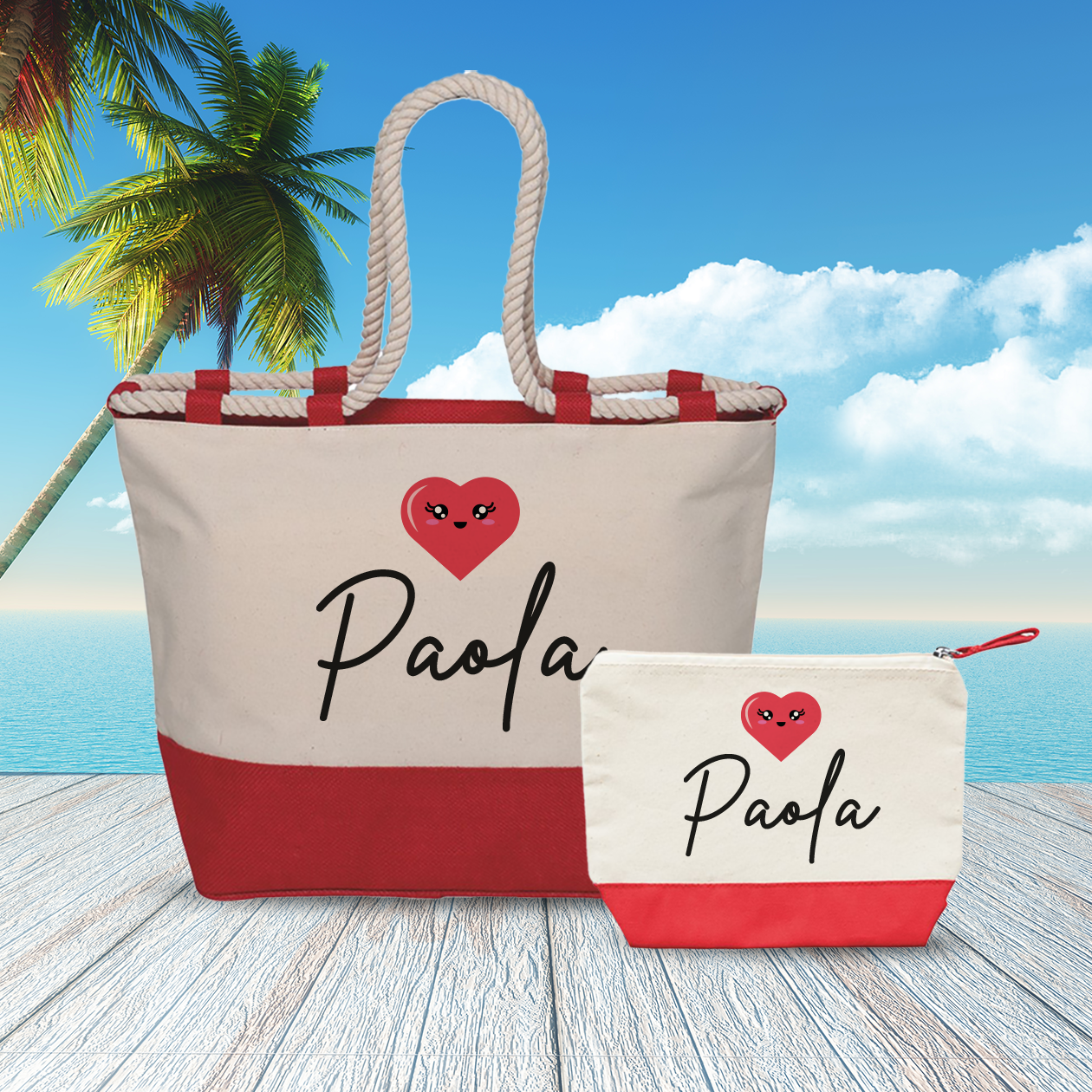 Name heart red - Combo: Borsa mare + Pochette - personalizzata con nome