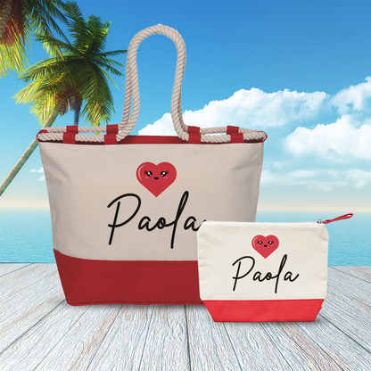 Name heart red - Combo: Borsa mare + Pochette - personalizzata con nome