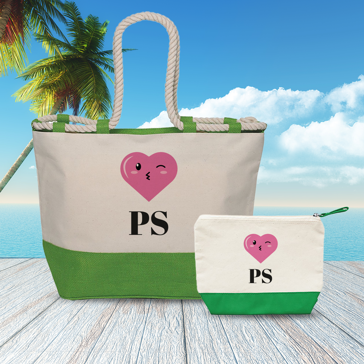 Iniziali heart pink - Combo: Borsa mare + Pochette - personalizzata con iniziali