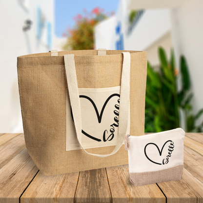 Heart name - Set Combo Borsa mare e Pochette in Juta laminata - personalizzato con nome