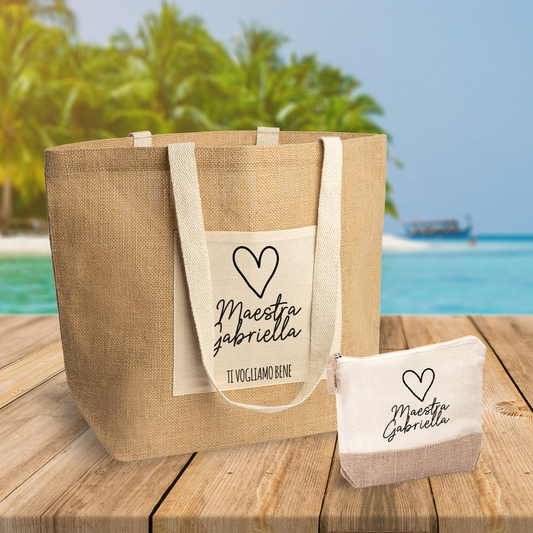 Maestra ti vogliamo bene - Set Combo Borsa mare e Pochette in Juta laminata - personalizzata con nome