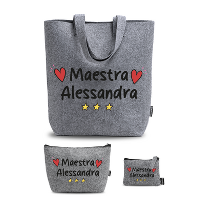 Maestra - Tris Borse in feltro con designe melange - personalizzato con nome
