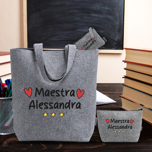 Maestra - Tris Borse in feltro con designe melange - personalizzato con nome