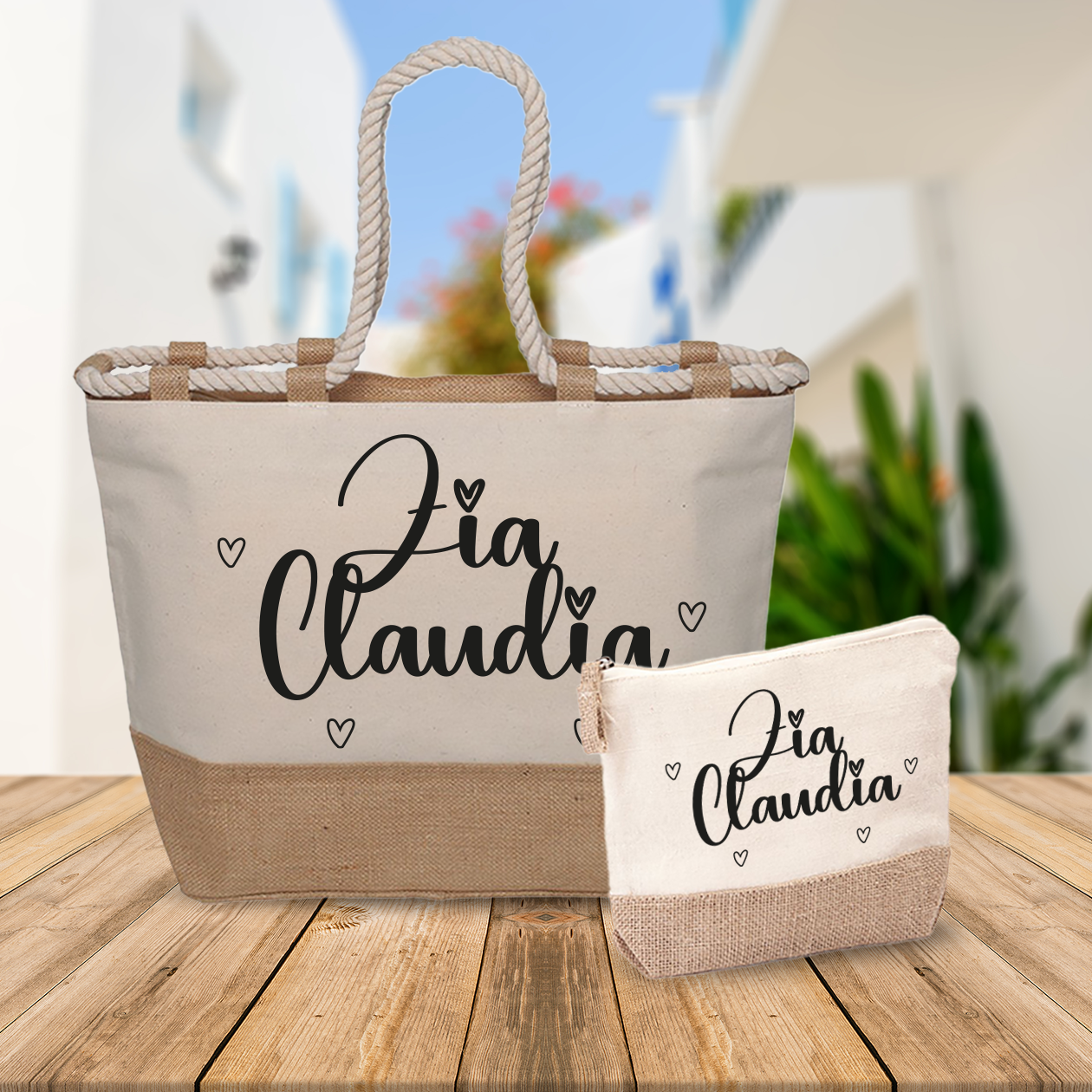 Zia Cuoricini - Combo: Borsa mare + Pochette - personalizzata con nome