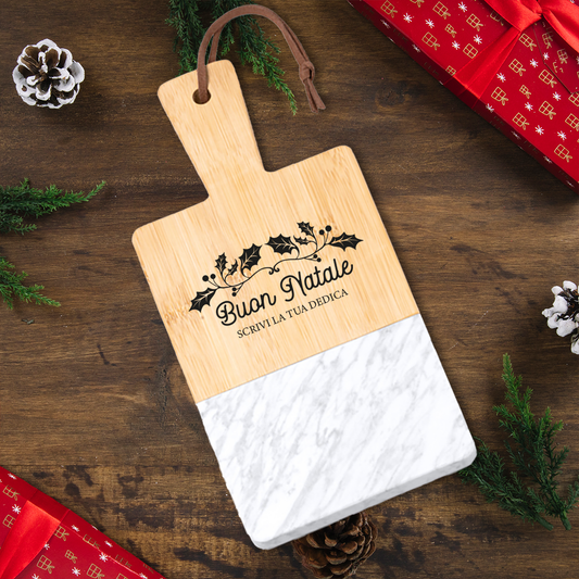 Buon Natale - Tagliere in marmo e bamboo naturale - personalizzato con dedica