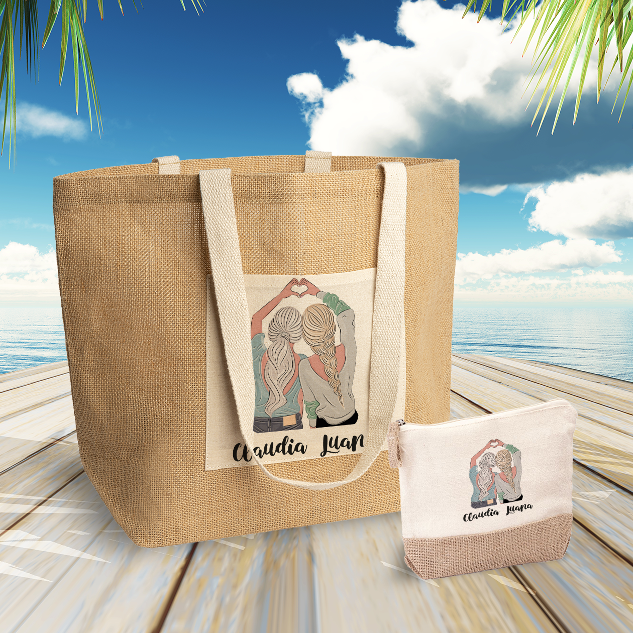 Sister love - Set Combo Borsa mare e Pochette in Juta laminata - personalizzato con nomi