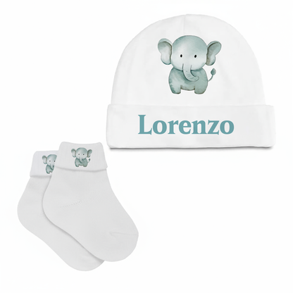 Baby Elephant - Set Nascita Cappellino + Calzini - personalizzato con nome