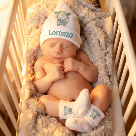 Baby Elephant - Set Nascita Cappellino + Calzini - personalizzato con nome