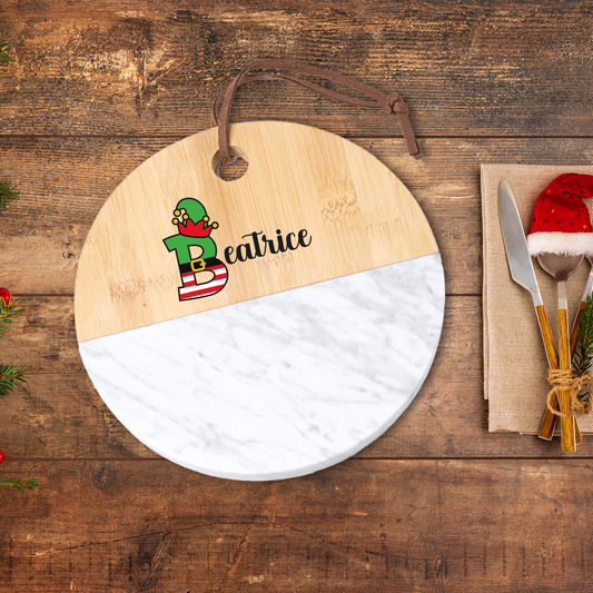 Elf Name - Tagliere in marmo e bamboo naturale - personalizzato con nome