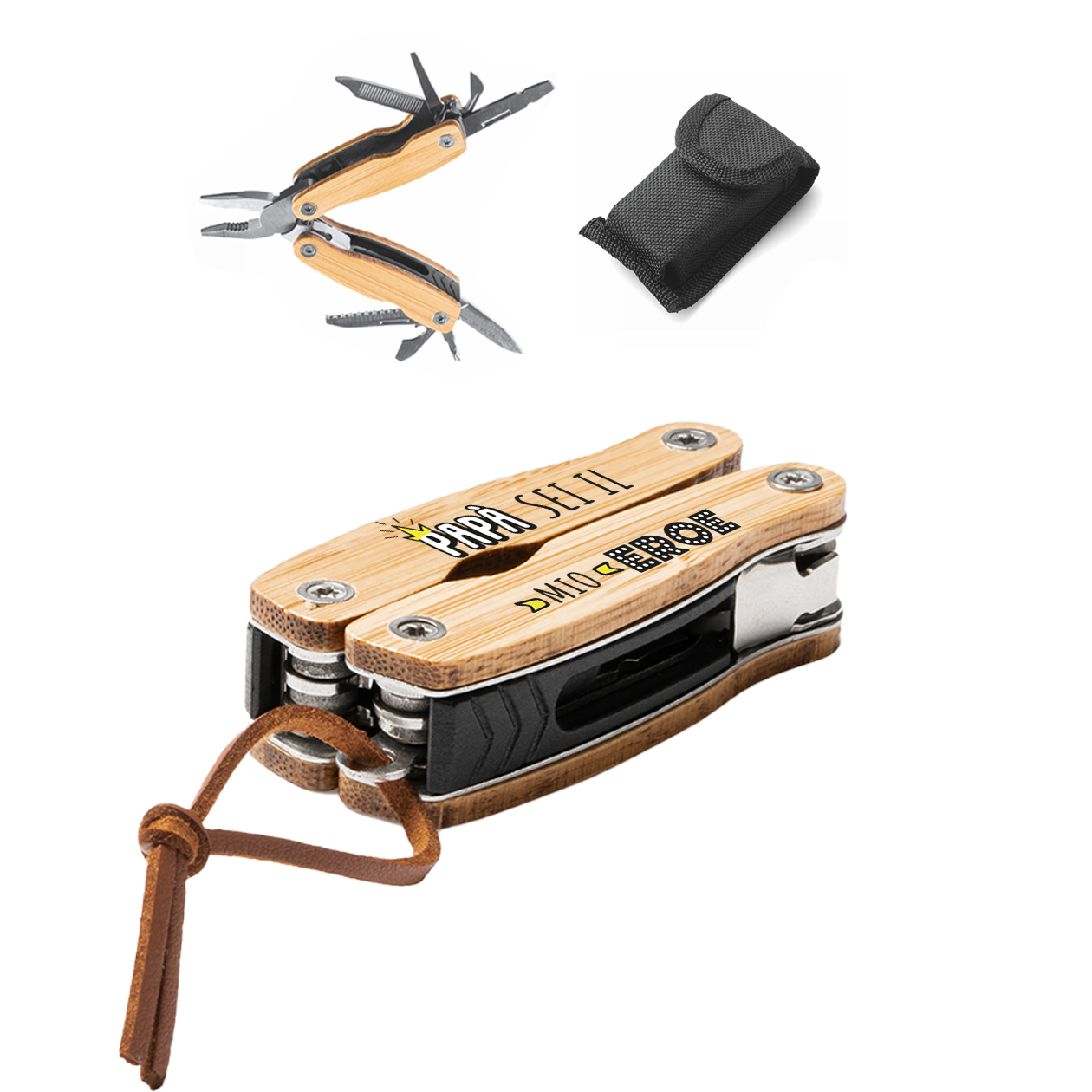 Papà sei il mio eroe - Multiutensile con accessori in acciaio inossidabile e manico in legno