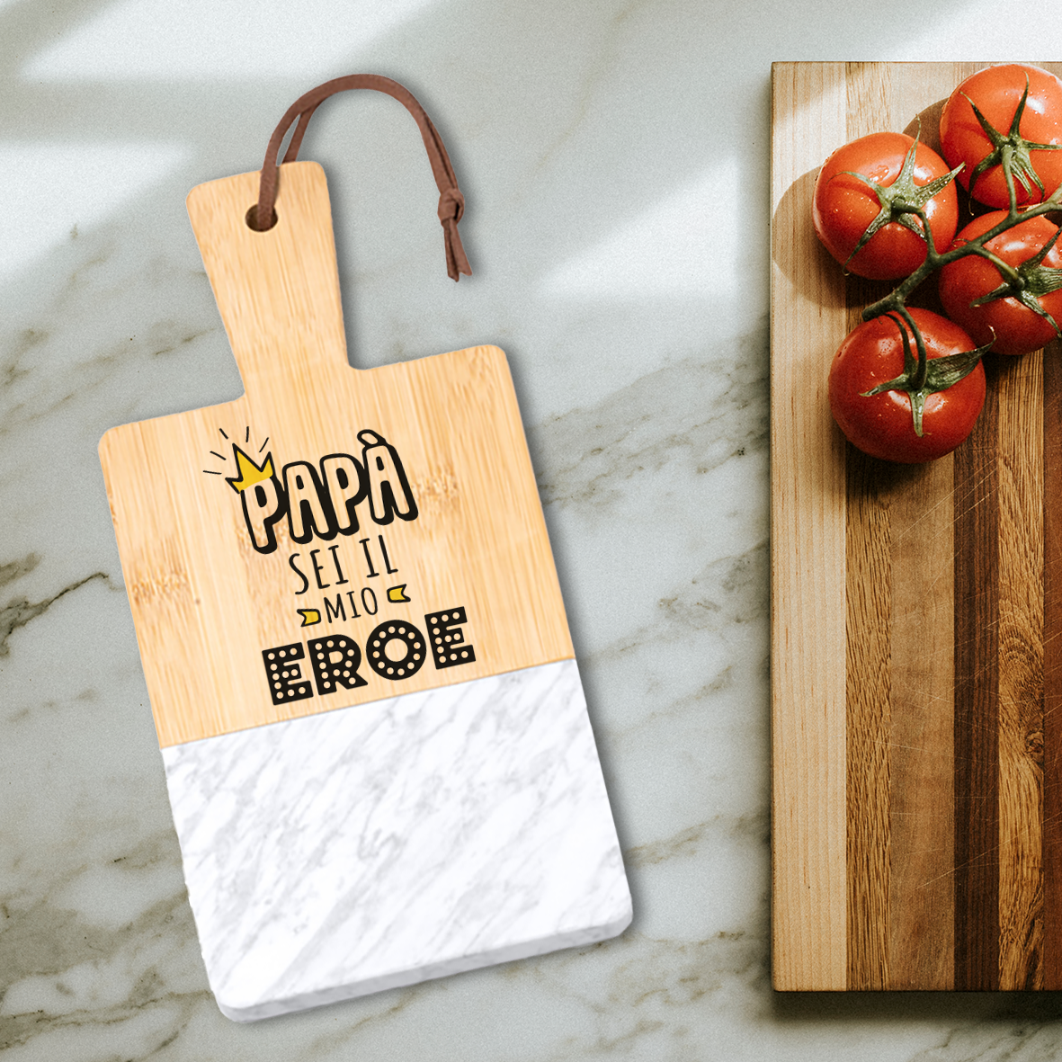 Papà sei il mio eroe - Tagliere in marmo e bamboo naturale