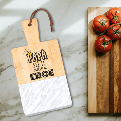Papà sei il mio eroe - Tagliere in marmo e bamboo naturale