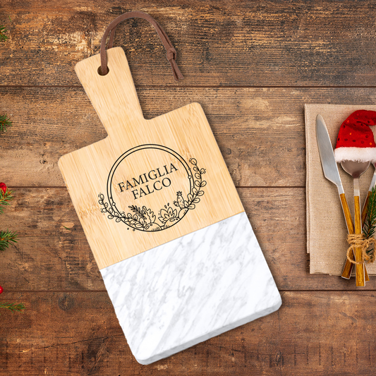 Christmas Family - Tagliere in marmo e bamboo naturale - personalizzato con cognome