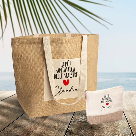 La più fantastica delle maestre - Set Combo Borsa mare e Pochette in Juta laminata - personalizzata con nome