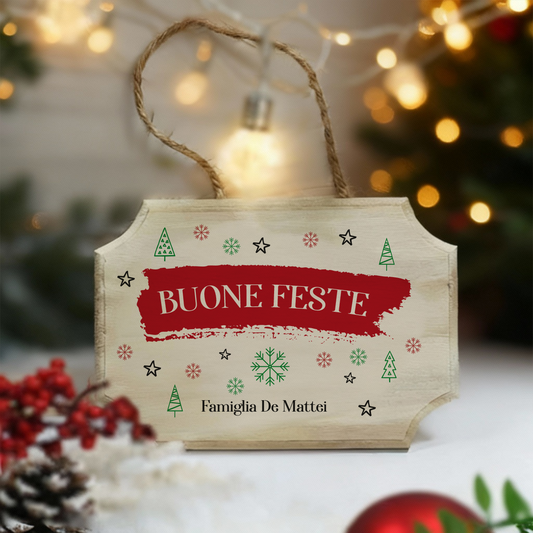 Buone Feste - fuoriporta in legno - personalizzato con cognome
