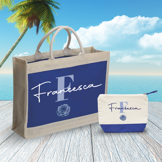Name flower blue - Combo: Borsa mare + Pochette - personalizzata con nome