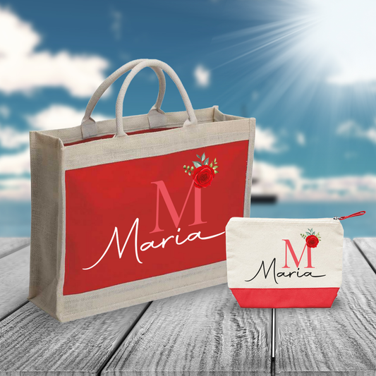 Name flower red - Combo: Borsa mare + Pochette - personalizzata con iniziale e nome