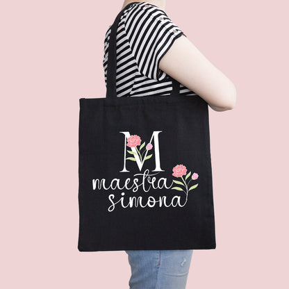 Maestra Flower - Shopper In Cotone con chiusura zip - personalizzata con nome