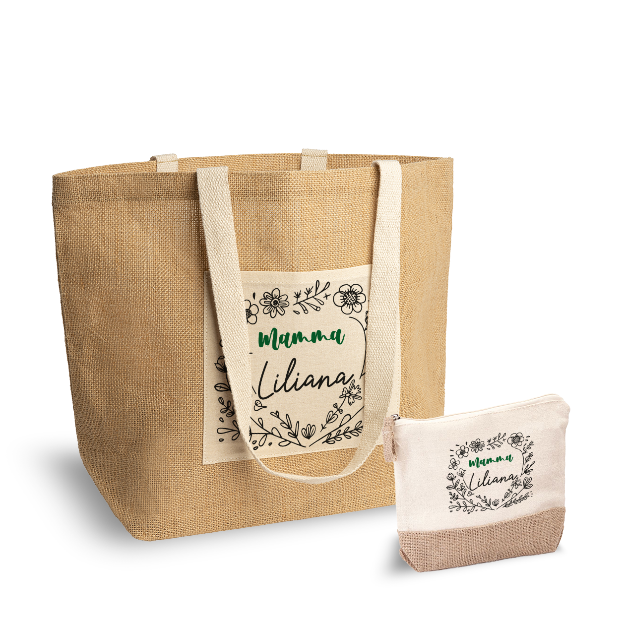 Mamma flowers - Set Combo Borsa mare e Pochette in Juta laminata - personalizzato con nome